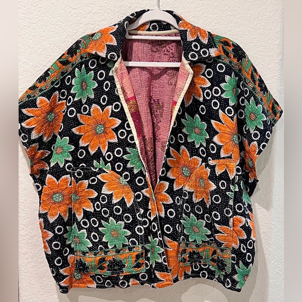 🧡Reversible Kantha Quilt Jacket | Large/XL | Boho Floral Patchwork💚